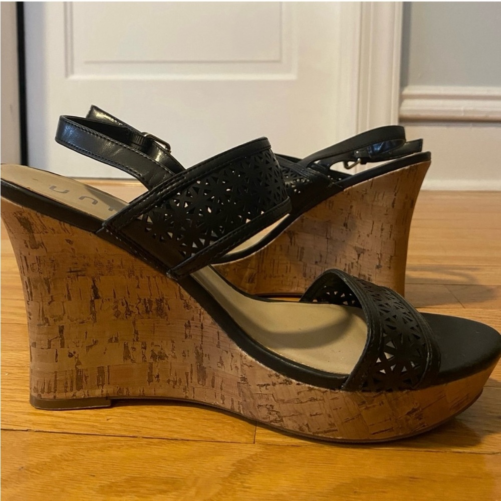 Unisa Black Wedge Mules with Perforated Design